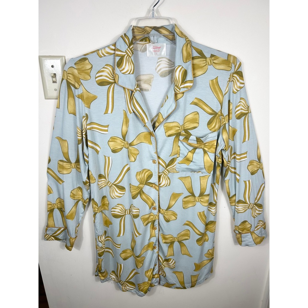 In My Sundays Pajama Sleep Dress Women M Heirloom Bow Print Tencel Button Down